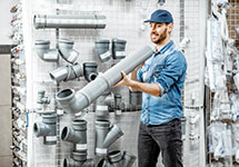 A male plumber smiling as he stands in a store and holds and looks at a big drain pipe