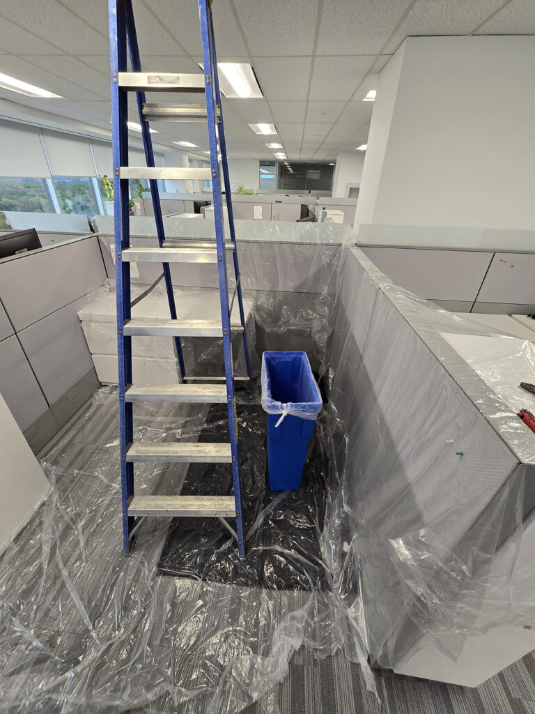 Our ladder and protective equipment in place at a cubicle in an office where our team was contracted to complete drain cleaning services